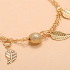 Frosted Round Beads, Small Leaves And Tassel Feet With Double-layer Anklets
